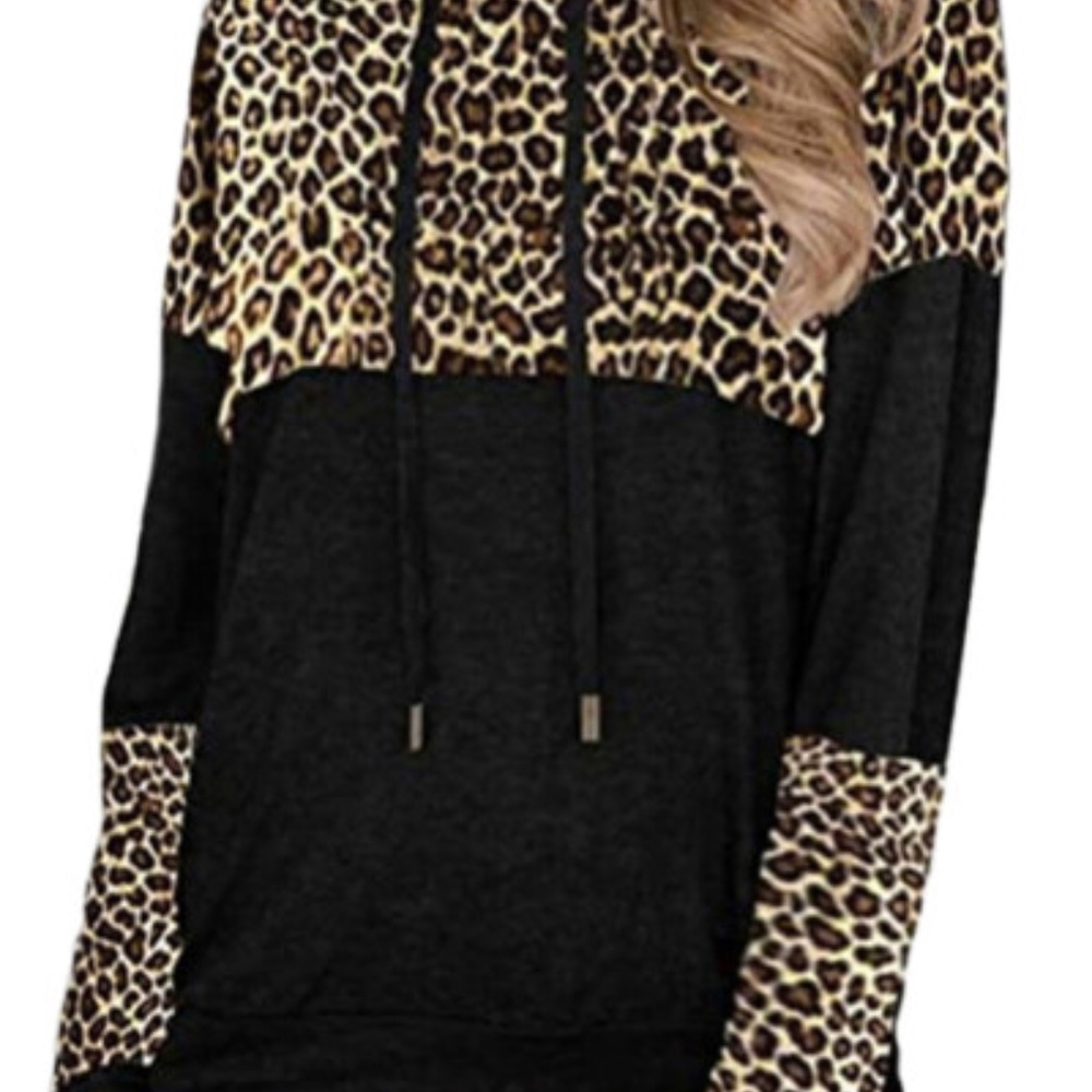 Leopard splicing colorblock drawstring hoodie